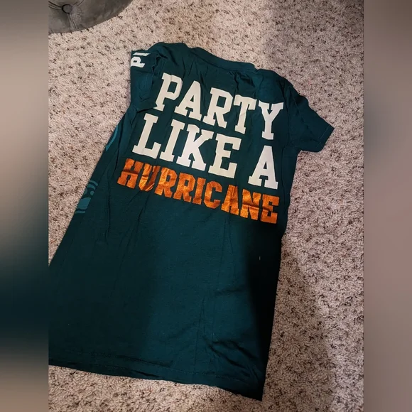 Victorias secret pink University of Miami dk green party like a hurricane Tshirt - Picture 2 of 3